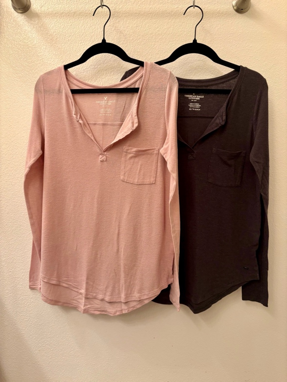 American Eagle Outfitters Long Sleeve Henley Tee in Pink and Grey